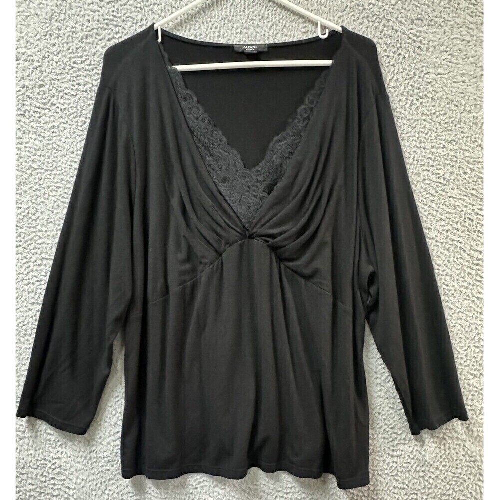 Alfani Shirt Womens 2X Black V Neck Lace Long Sleeve Blouse